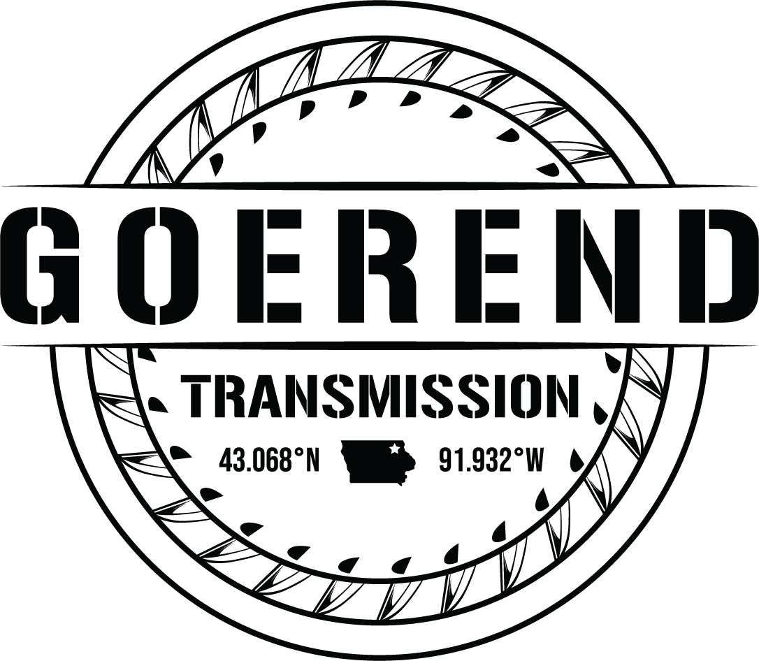 Logo for Goerend Transmission featuring a circular design with the company name prominently displayed. Includes geographic coordinates 43.068°N, 91.932°W, and a small outline of Iowa, indicating the location.