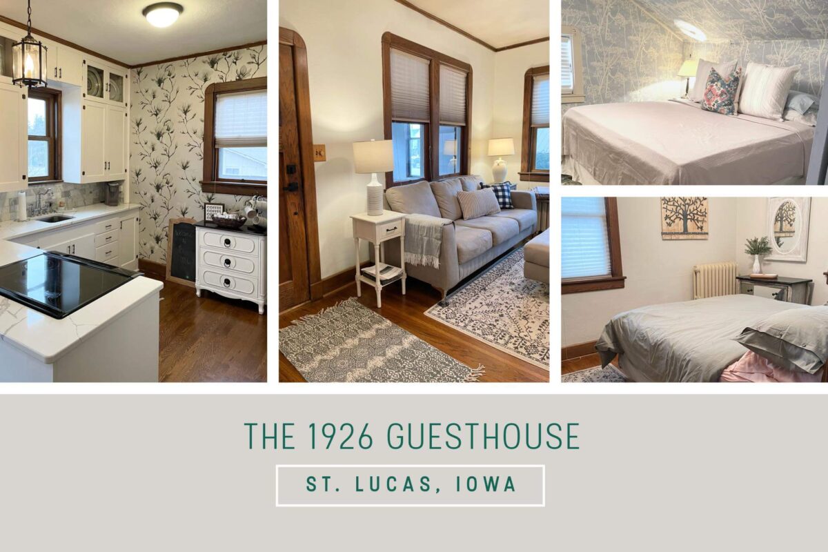 Collage of the 1926 Guesthouse in St. Lucas, Iowa, featuring a kitchen with floral wallpaper, cozy living room with a sofa and rug, and two inviting bedrooms with neatly made beds and decorative details.